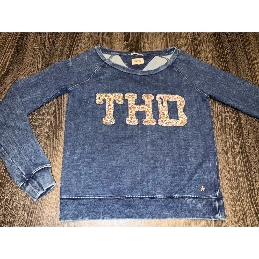 Tommy Hilfiger Denim Sweatshirt XS Blue Floral Logo‎ Pullover Y2K Retro